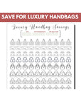 savings tracker page from a savings challenge workbook to save for luxury handbags