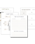 hair length tracker, hair care products tracker, hair goal tracking and hairstyling inspiration pages from master your hair manual