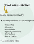 list of tabs on the hair products spreadsheet