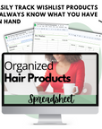 mock up of spreadsheet for tracking and organizing hair products by category