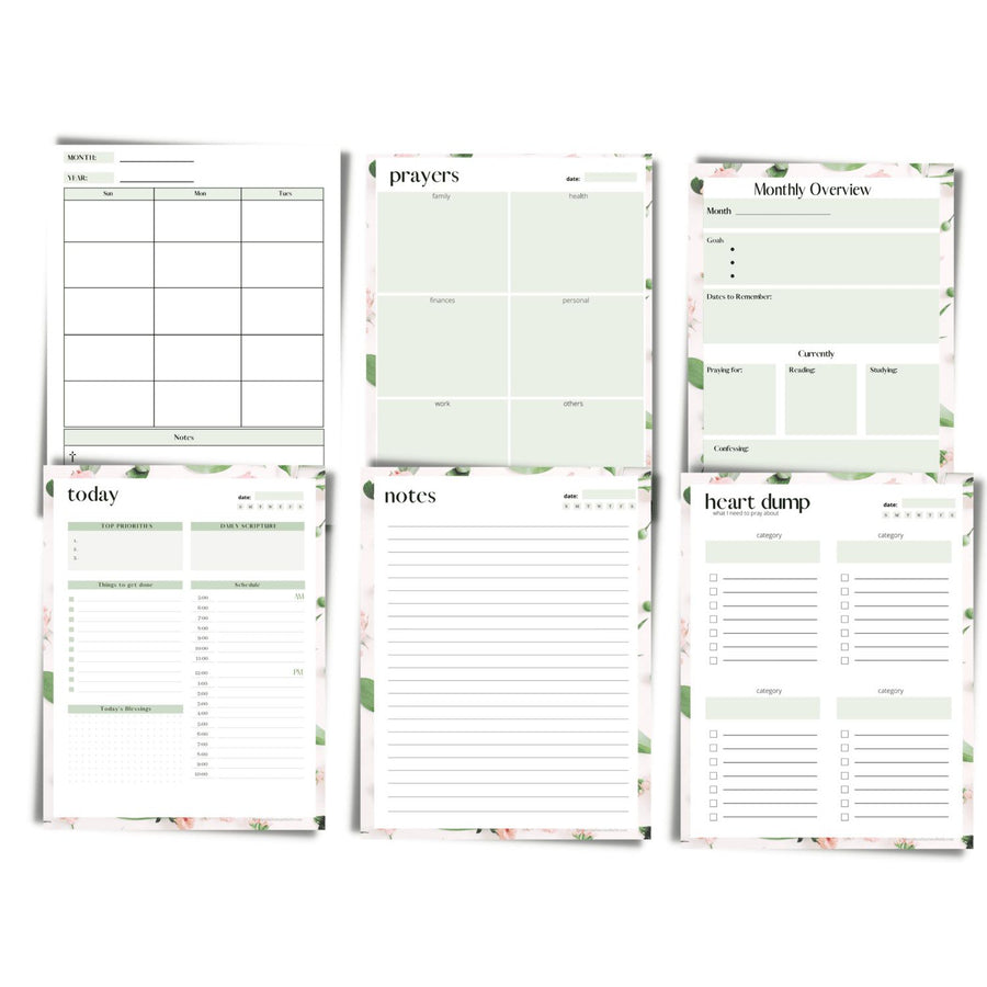 mockup of pages from floral designed printable christian planner