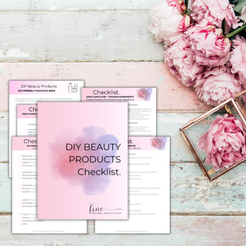collection of diy beauty product checklists on a wooden surface