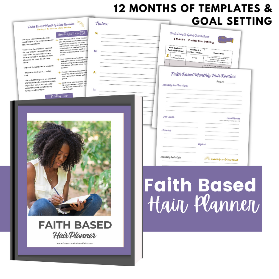 woman writing in a planner and mock up of pages from the faith based monthly hair planner 