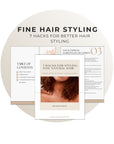 mock up of cover and table of contents from a fine hair styling guide that gives hacks for styling fine natural hair in common natural hairstyles