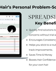 screenshot of your hair's personal problem solver spreadsheet and key benefits