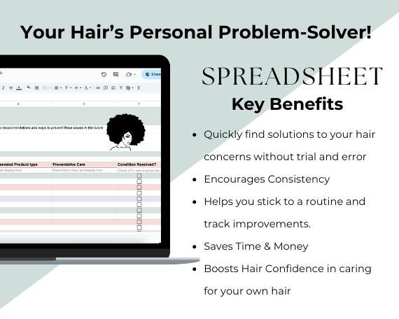 screenshot of your hair's personal problem solver spreadsheet and key benefits