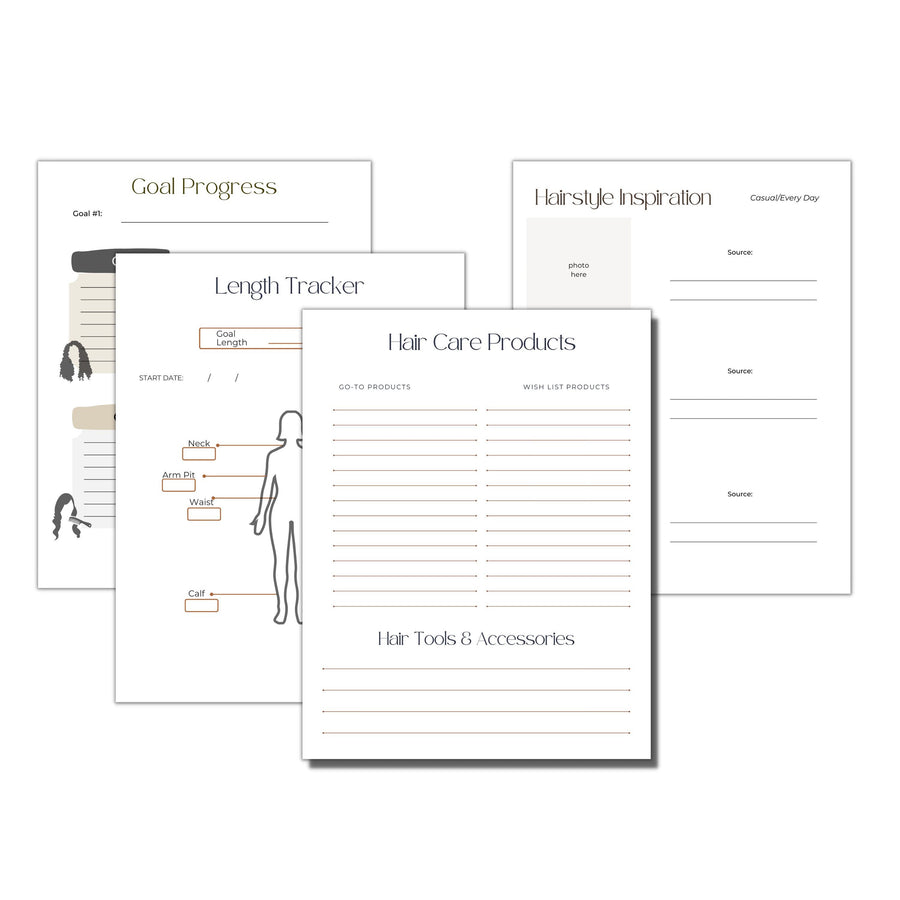 hair length tracker, hair care products tracker, hair goal tracking and hairstyling inspiration pages from master your hair manual