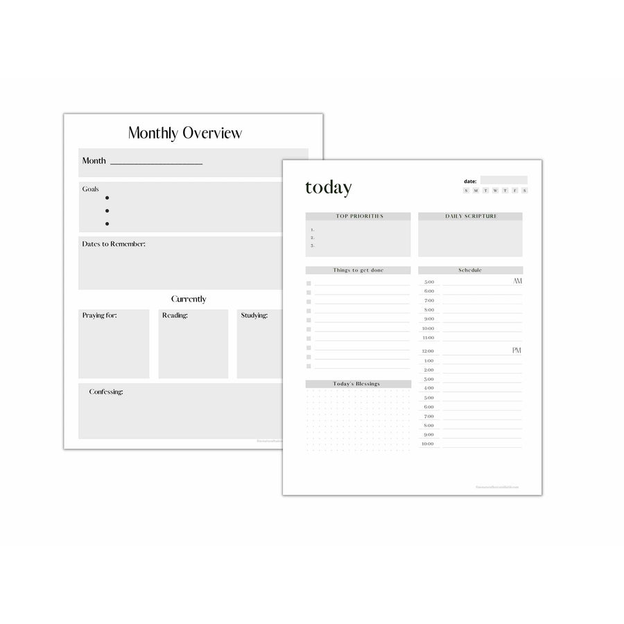 christian planner monthly overview and day planner pages undated neutral design